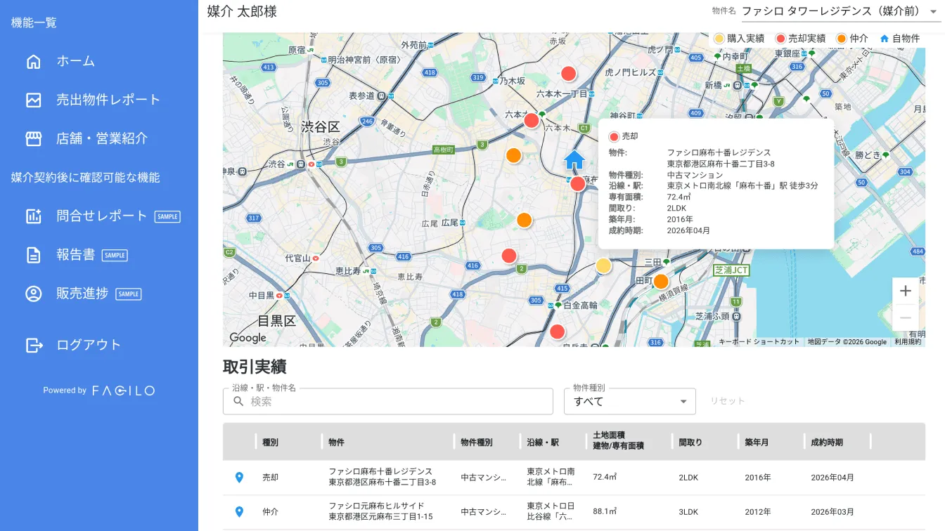 マイページにて自社販売実績をマップ上に表示した画面